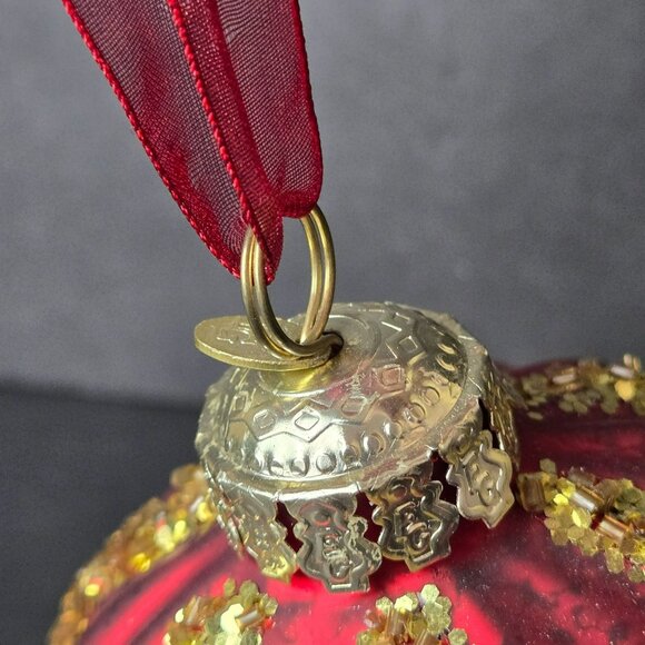 Frontgate Red Gold Glass Christmas Ornament 4" Beaded Ribbed Luxury Holiday - Picture 5 of 8